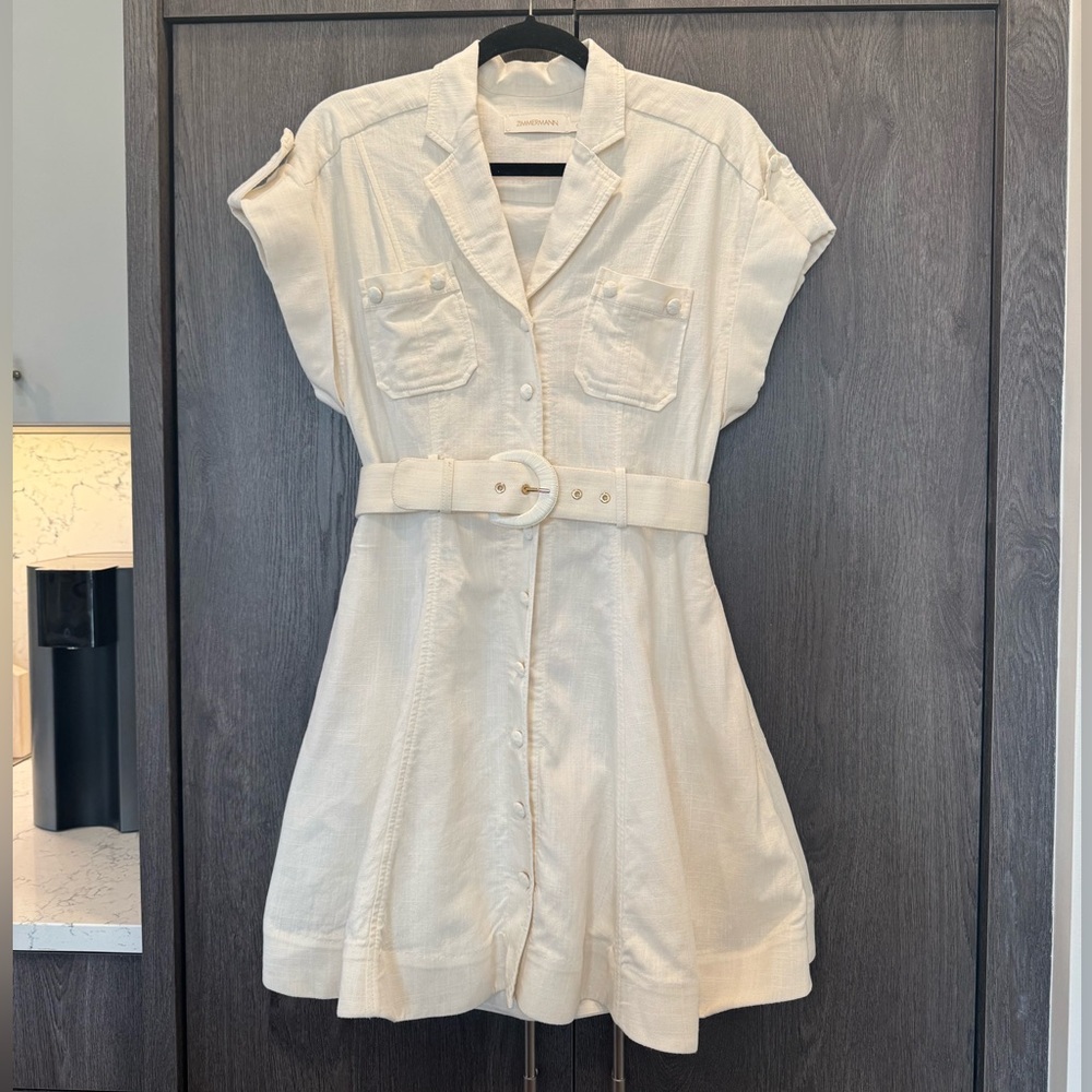 Zimmerman Ivory Linen Utility Shirt Dress Belted 0